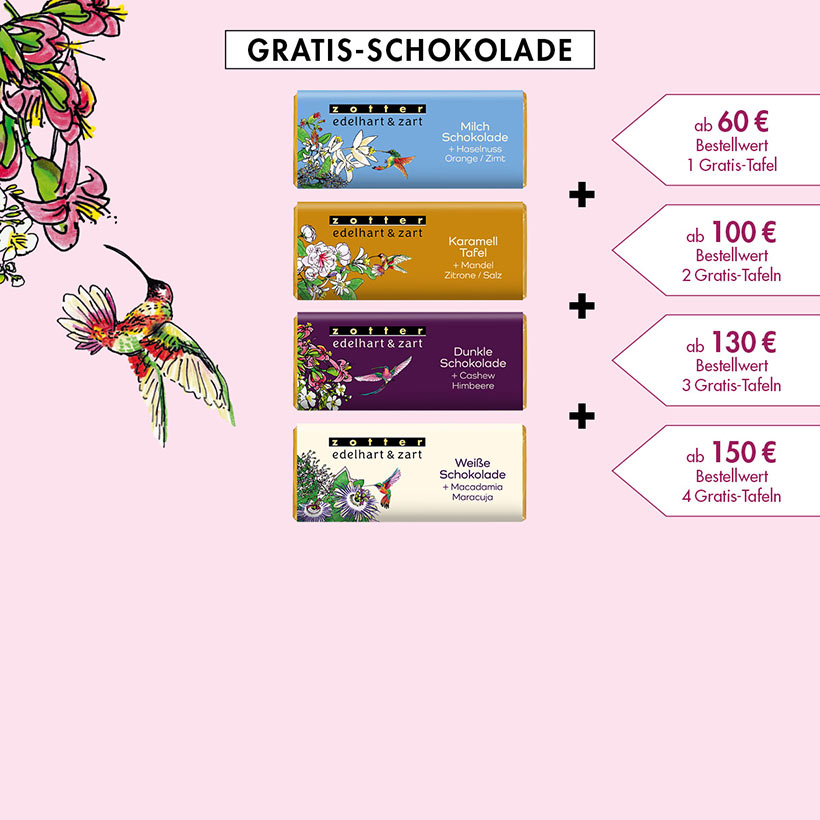 Tag der Schokolade 2026 | Wir feiern den »Tag der Schokolade« und verschenken Gratis-Schokolade für alle Bestellungen ab 60 Euro Einkaufswert im Online-Shop. Gültig bis 13. September.